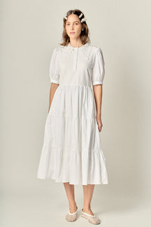 ENGLISH FACTORY - Mixed Media Embroidered Collar Midi Dress - DRESSES available at Objectrare