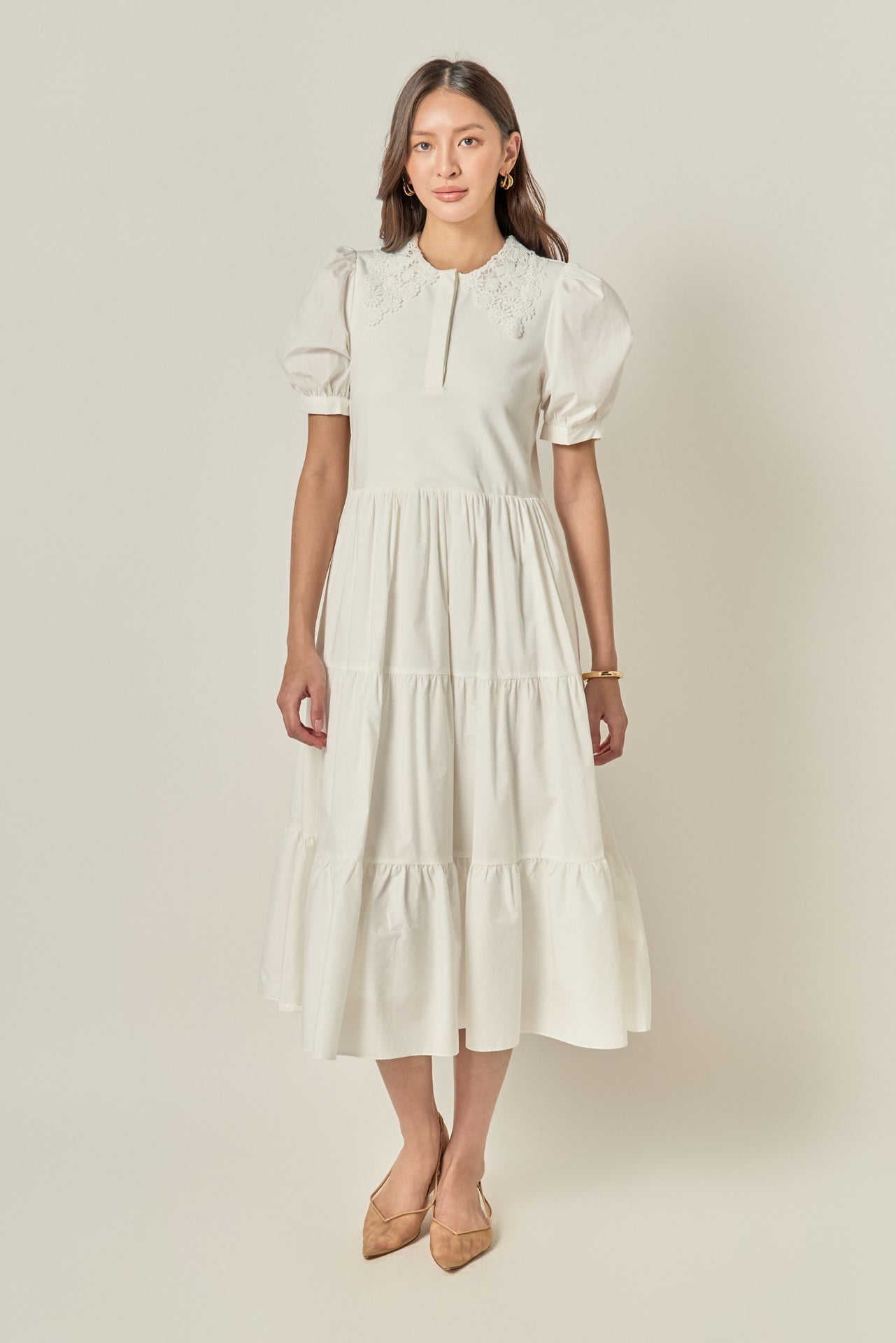 ENGLISH FACTORY - Mixed Media Embroidered Collar Midi Dress - DRESSES available at Objectrare