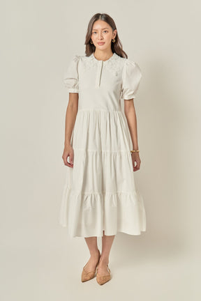 ENGLISH FACTORY - Mixed Media Embroidered Collar Midi Dress - DRESSES available at Objectrare