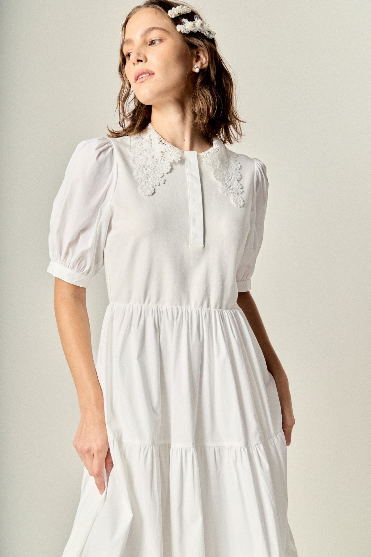 ENGLISH FACTORY - Mixed Media Embroidered Collar Midi Dress - DRESSES available at Objectrare