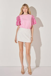 LA'VEN - Mixed Media Puff Sleeve Top - TOPS available at Objectrare