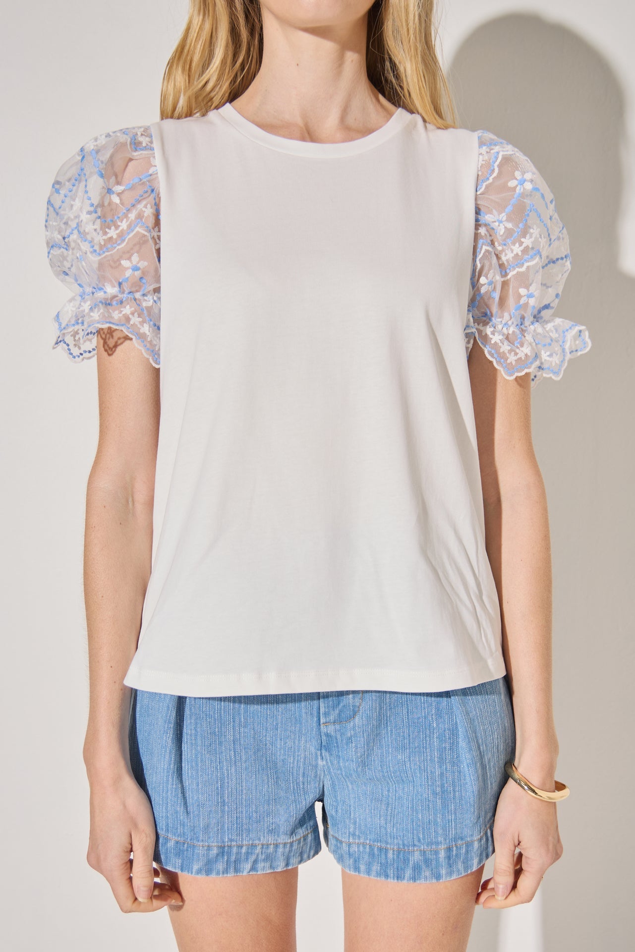 LA'VEN - Embroidery Mixed Media Puff Sleeve Top - TOPS available at Objectrare