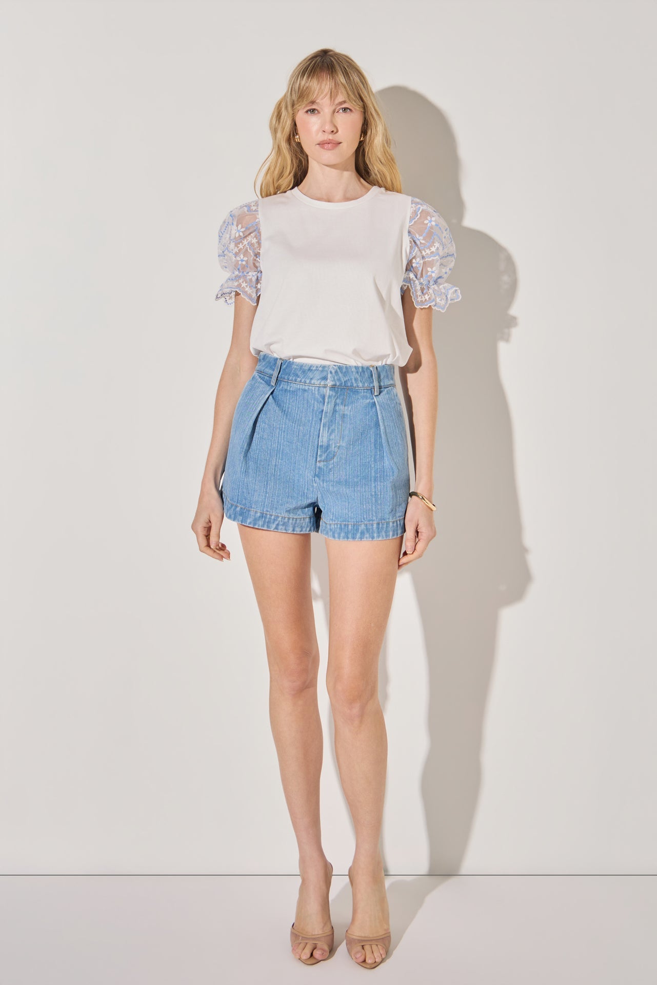 LA'VEN - Embroidery Mixed Media Puff Sleeve Top - TOPS available at Objectrare