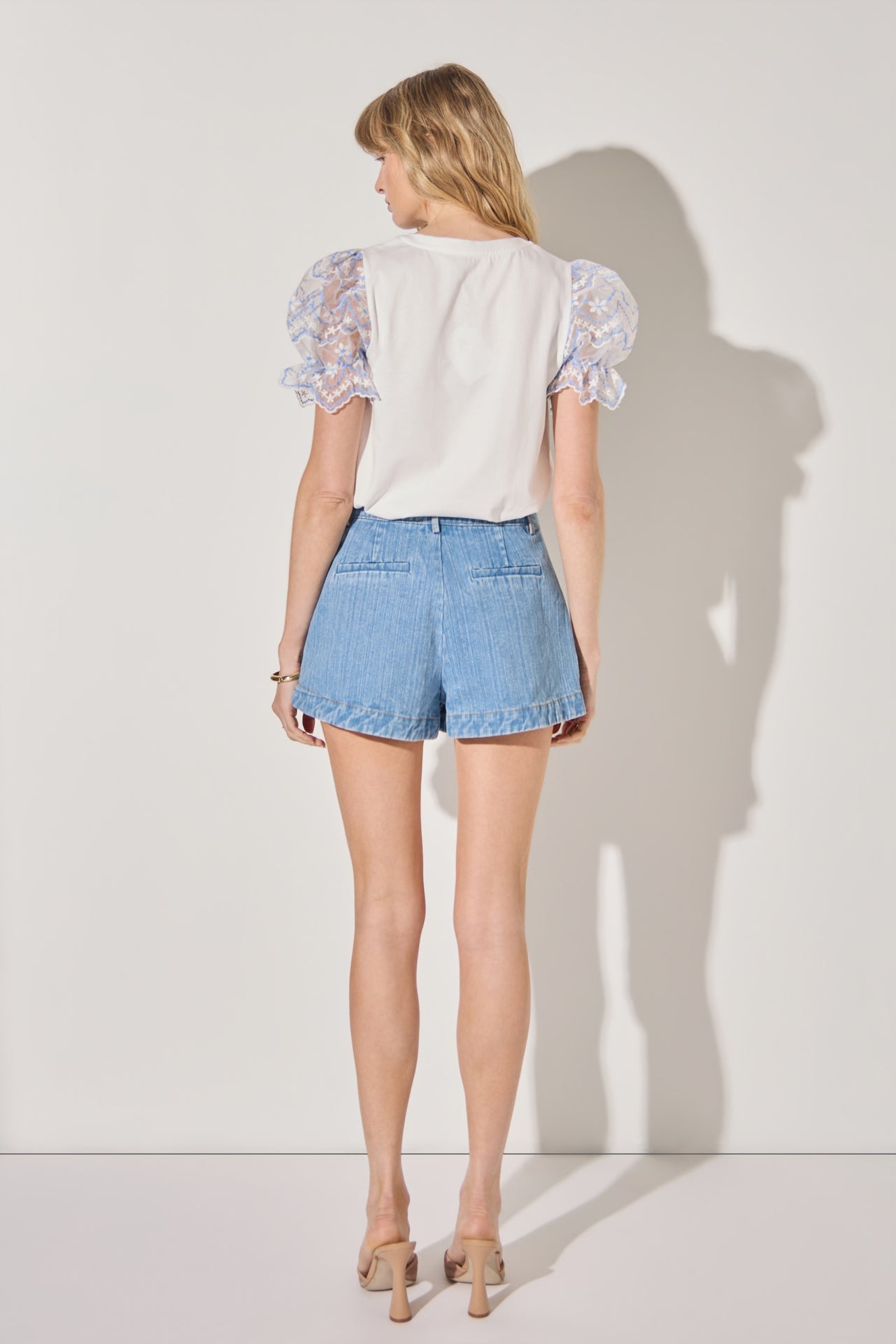 LA'VEN - Embroidery Mixed Media Puff Sleeve Top - TOPS available at Objectrare