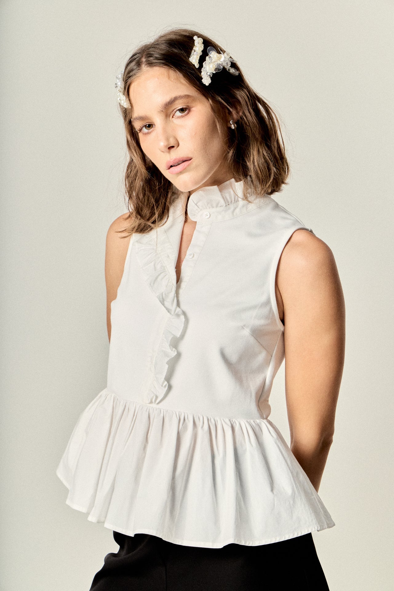 ENGLISH FACTORY - Sleeveless Ruffle Peplum Mixed Media Top - BLOUSES available at Objectrare