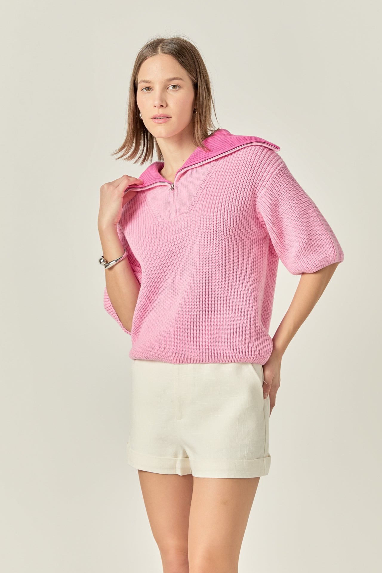 Half Sleeves Collar Knit Top