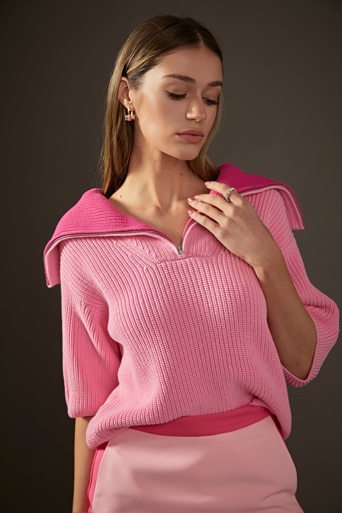 ENGLISH FACTORY - Half Sleeves Collar Knit Top - TOPS available at Objectrare
