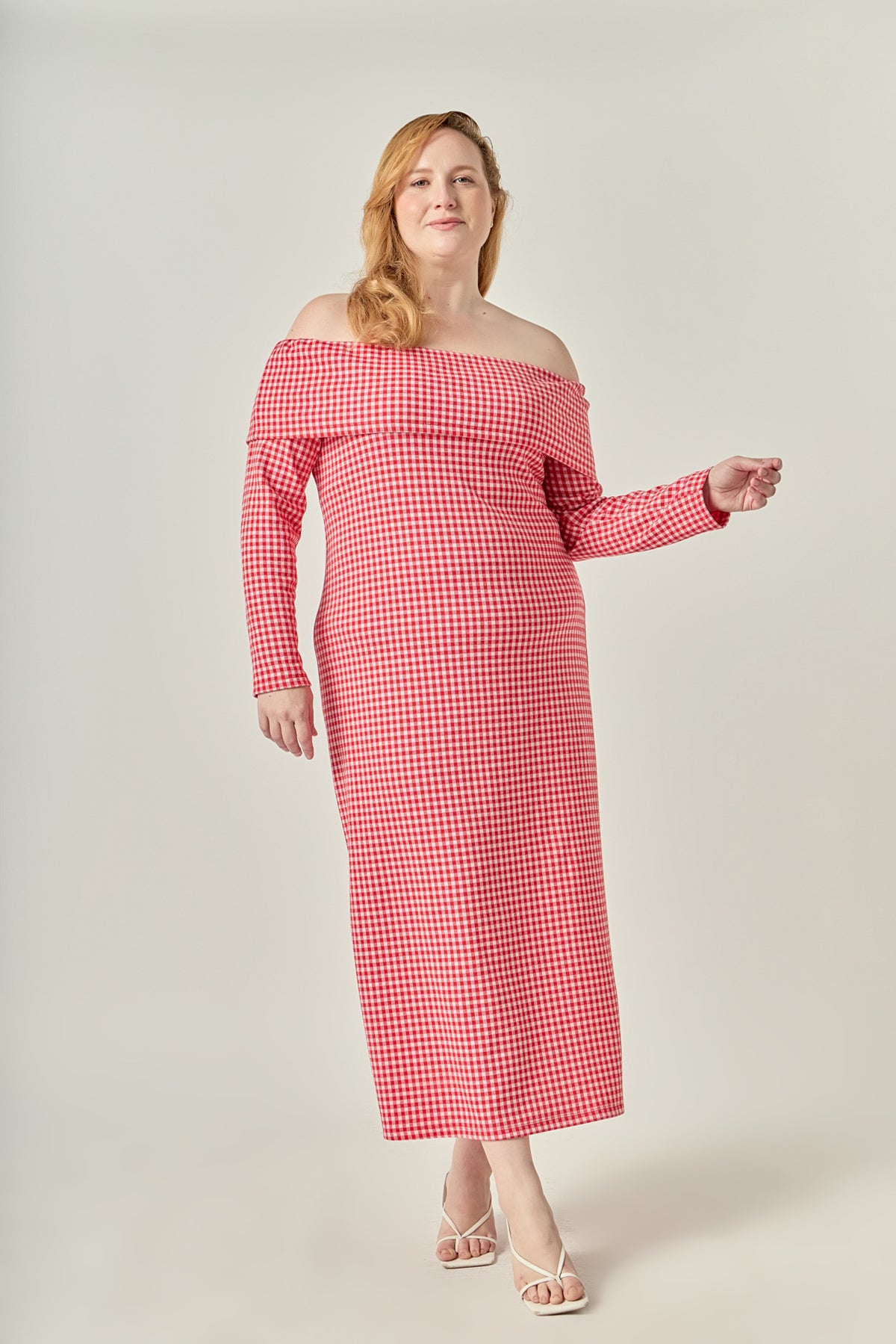 Plus Size Gingham Off The Shoulder Midi Dress