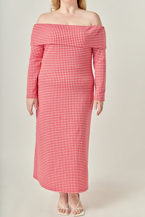 Plus Size Gingham Off The Shoulder Midi Dress
