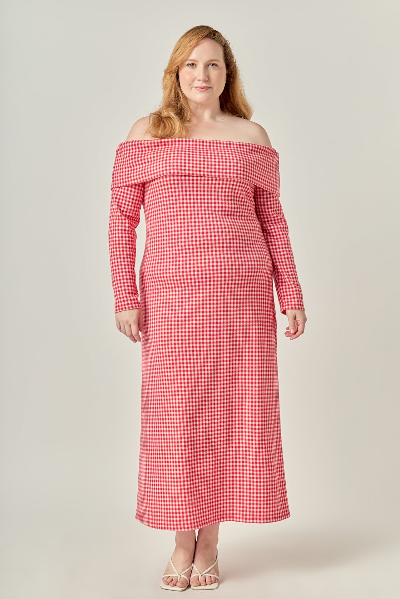 Plus Size Gingham Off The Shoulder Midi Dress