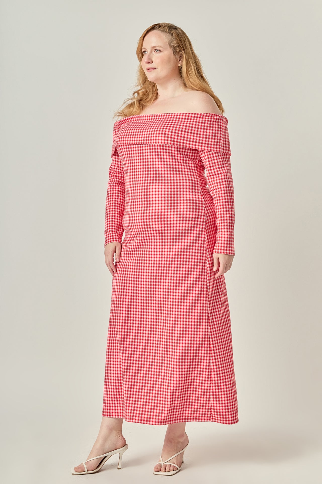 Plus Size Gingham Off The Shoulder Midi Dress