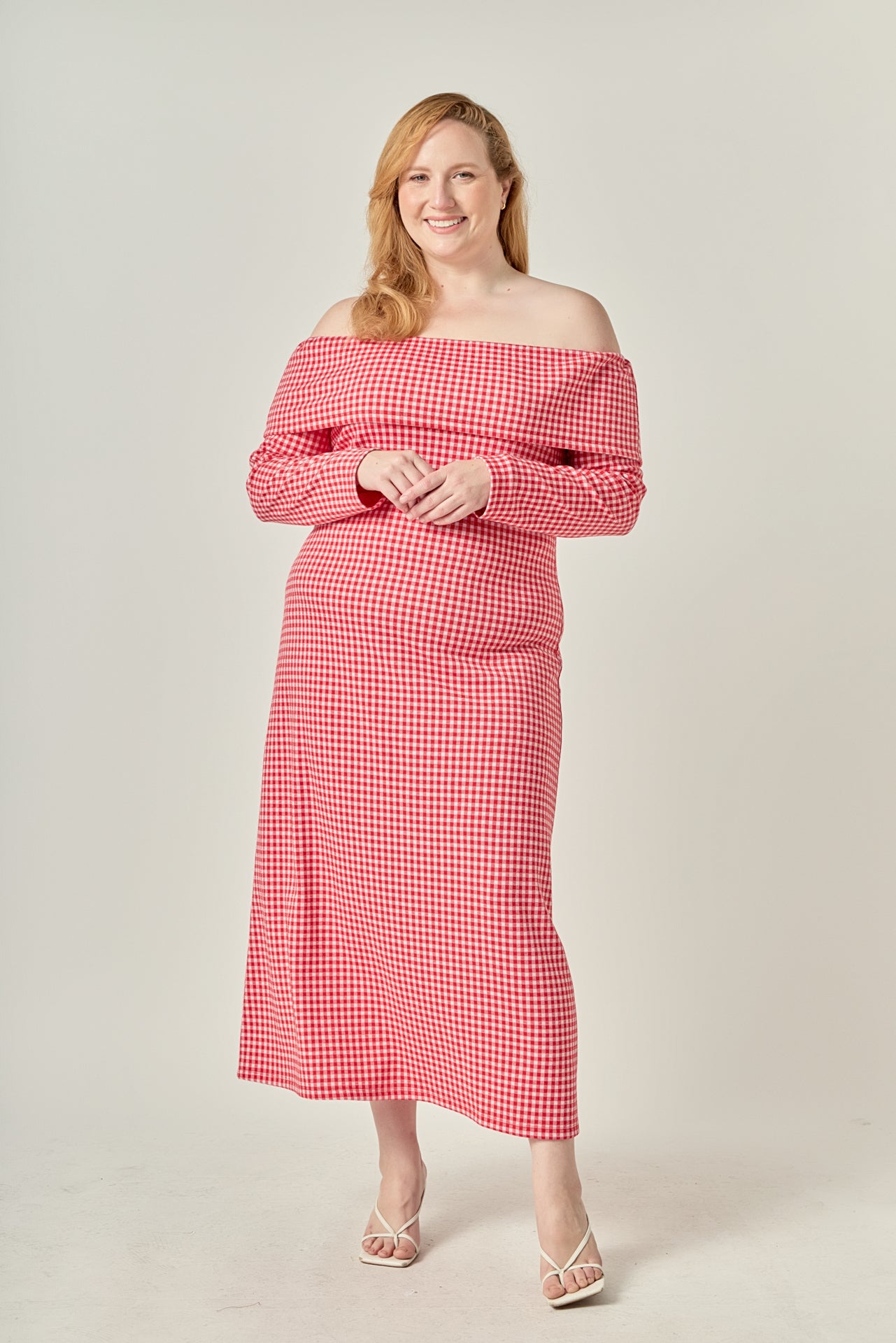Plus Size Gingham Off The Shoulder Midi Dress