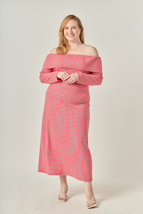 Plus Size Gingham Off The Shoulder Midi Dress