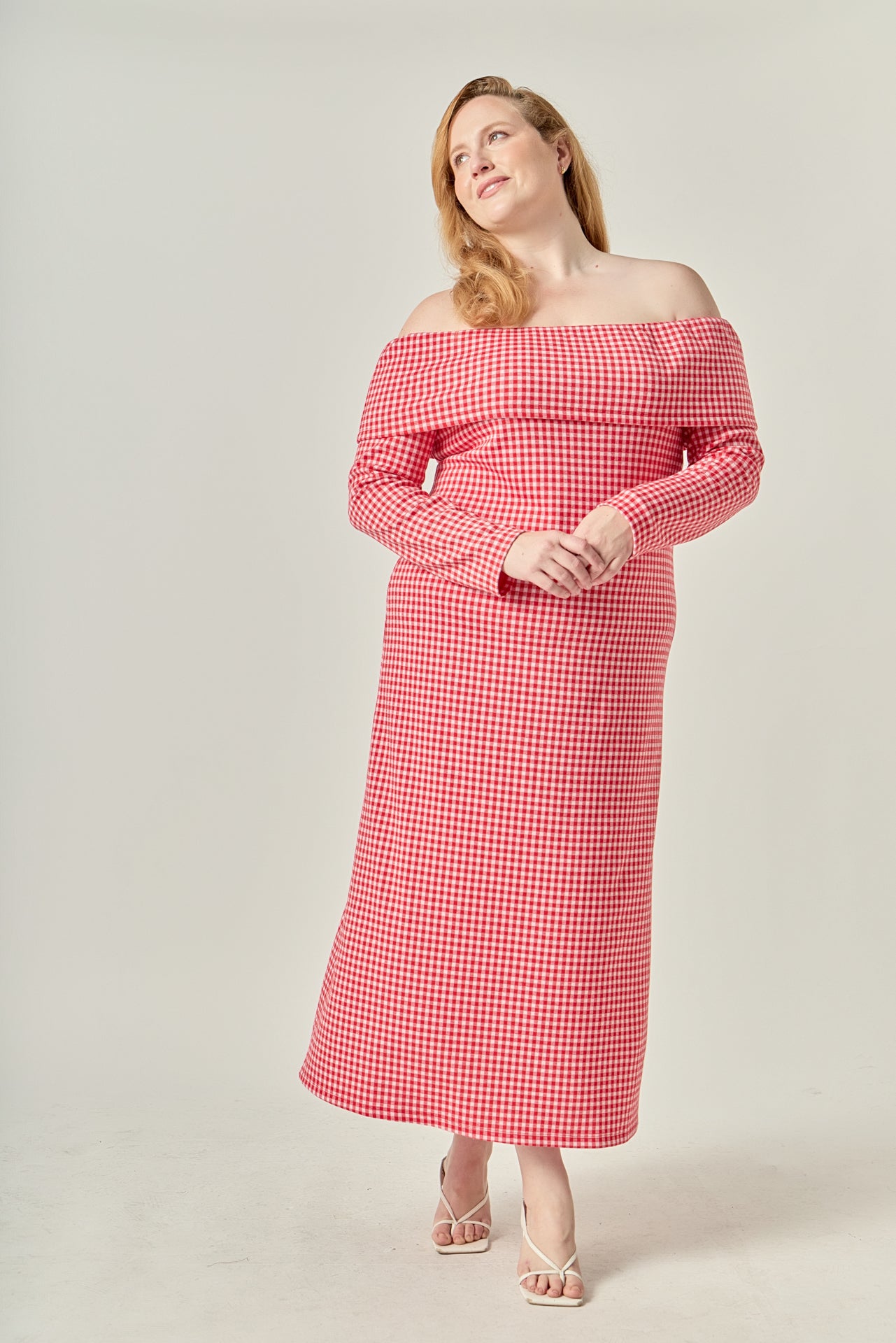 Plus Size Gingham Off The Shoulder Midi Dress