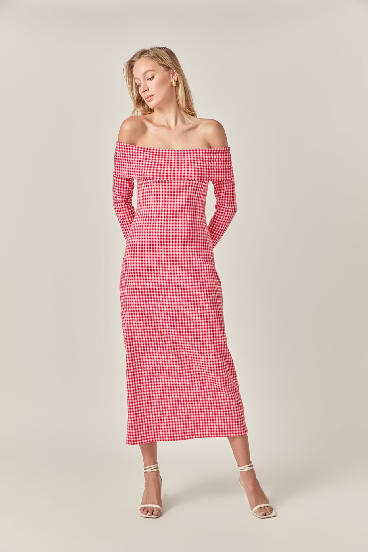 Petite Gingham Off The Shoulder Midi Dress