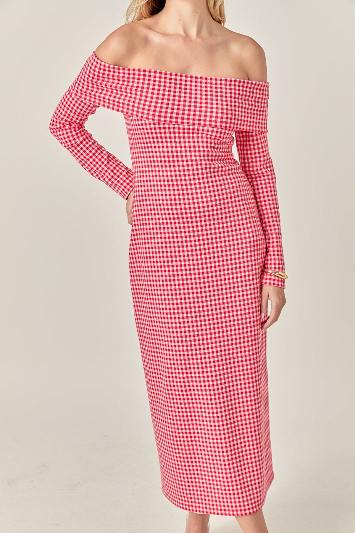 ENGLISH FACTORY - Off-Shoulder Gingham Midi Dress - DRESSES available at Objectrare