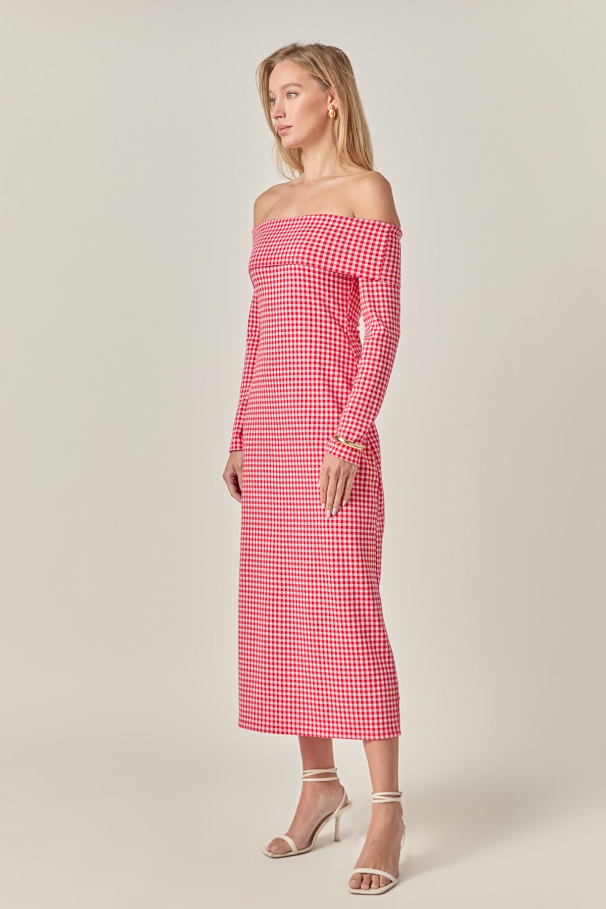 Petite Gingham Off The Shoulder Midi Dress