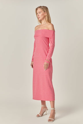 ENGLISH FACTORY - Off-Shoulder Gingham Midi Dress - DRESSES available at Objectrare