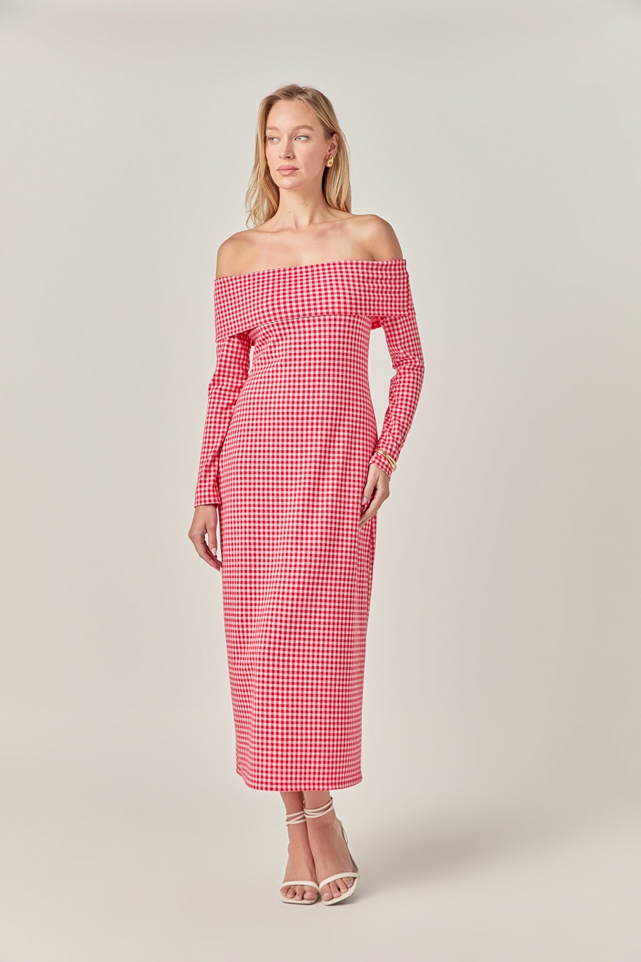 Petite Gingham Off The Shoulder Midi Dress