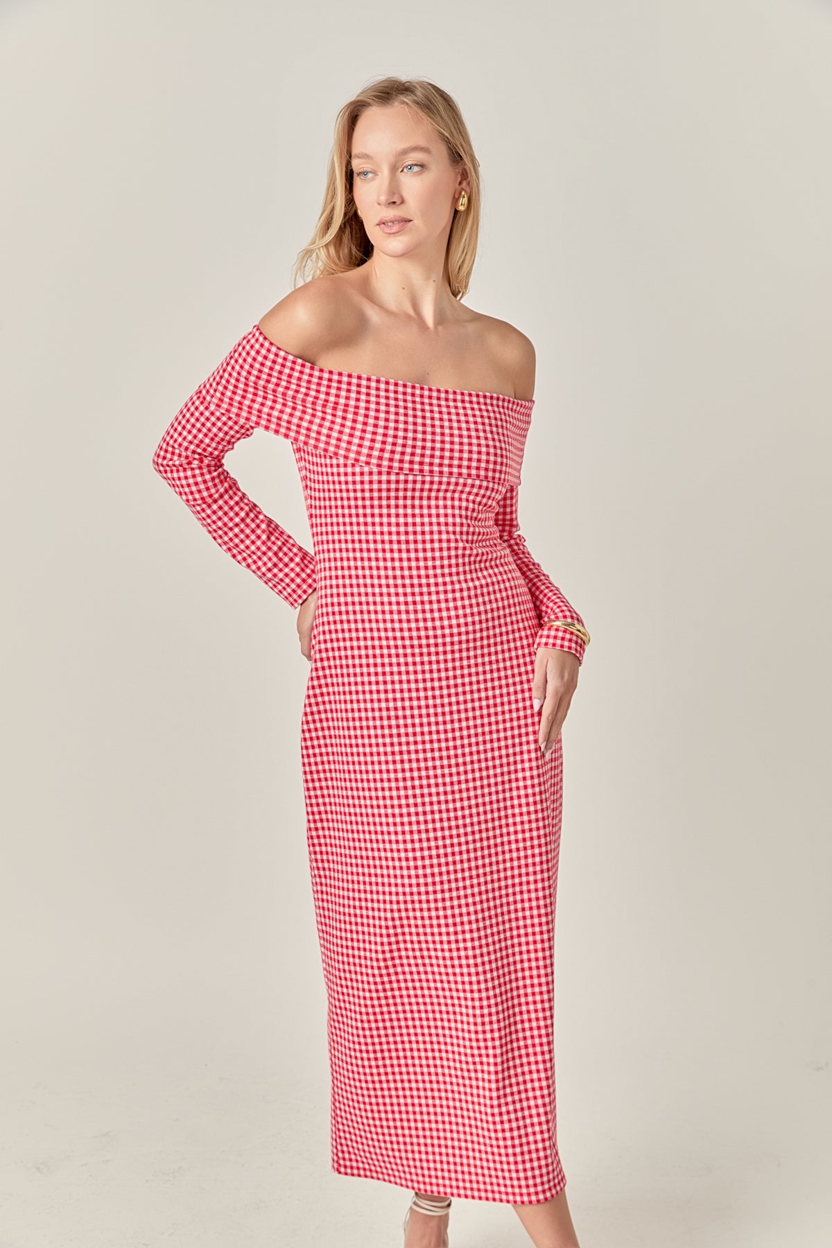 Petite Gingham Off The Shoulder Midi Dress