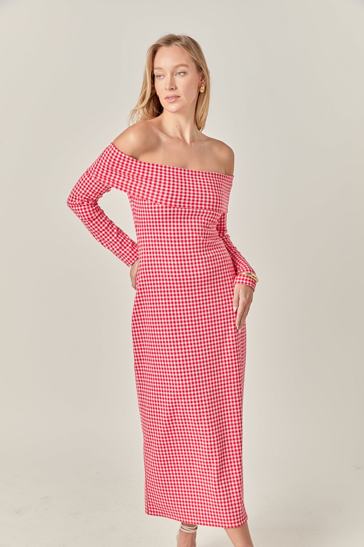 Petite Gingham Off The Shoulder Midi Dress