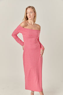 Petite Gingham Off The Shoulder Midi Dress