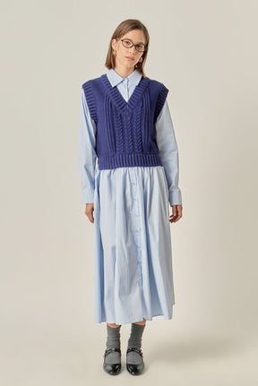 Collared Mixed Media Midi Dress