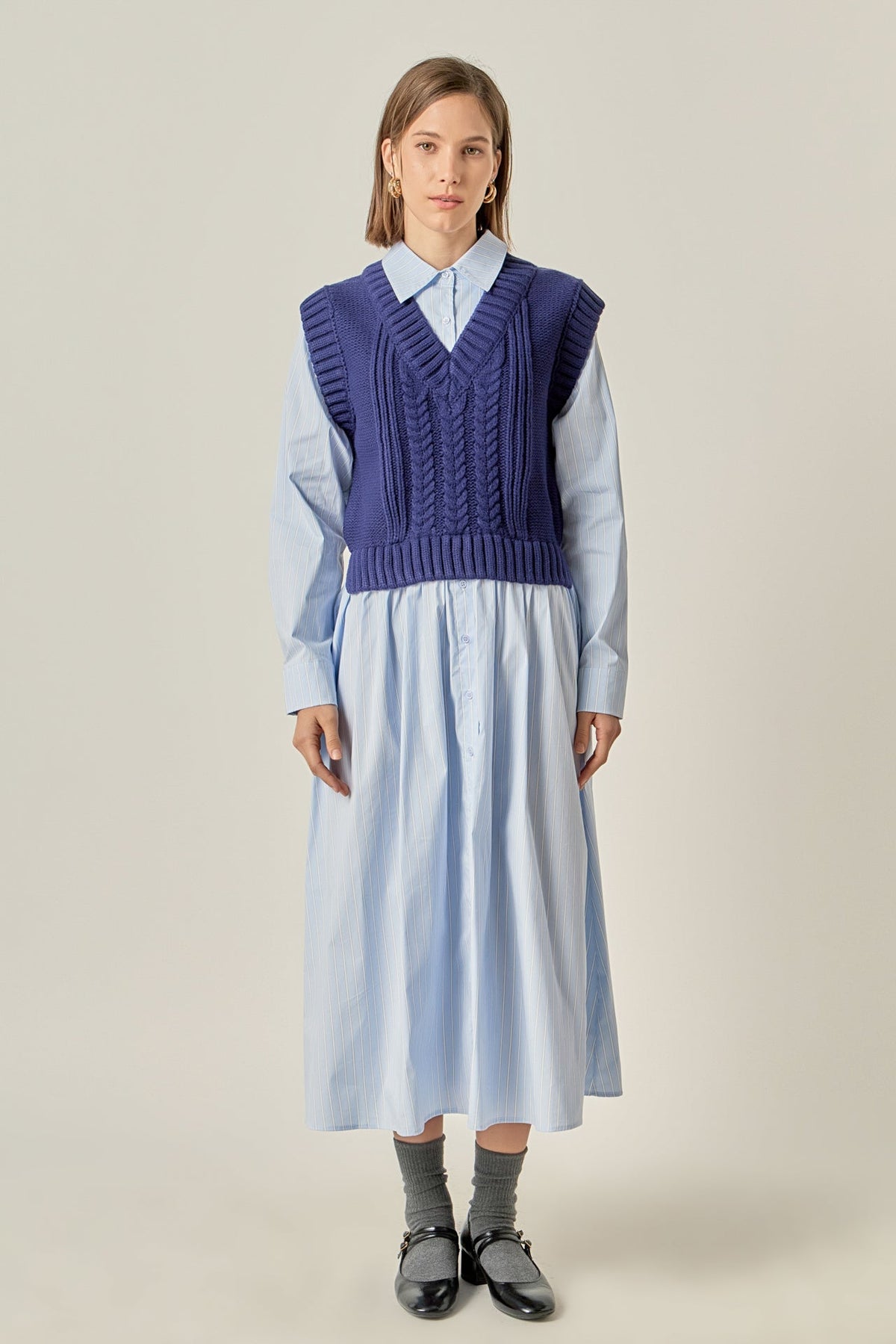 Collared Mixed Media Midi Dress