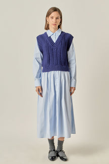Collared Mixed Media Midi Dress