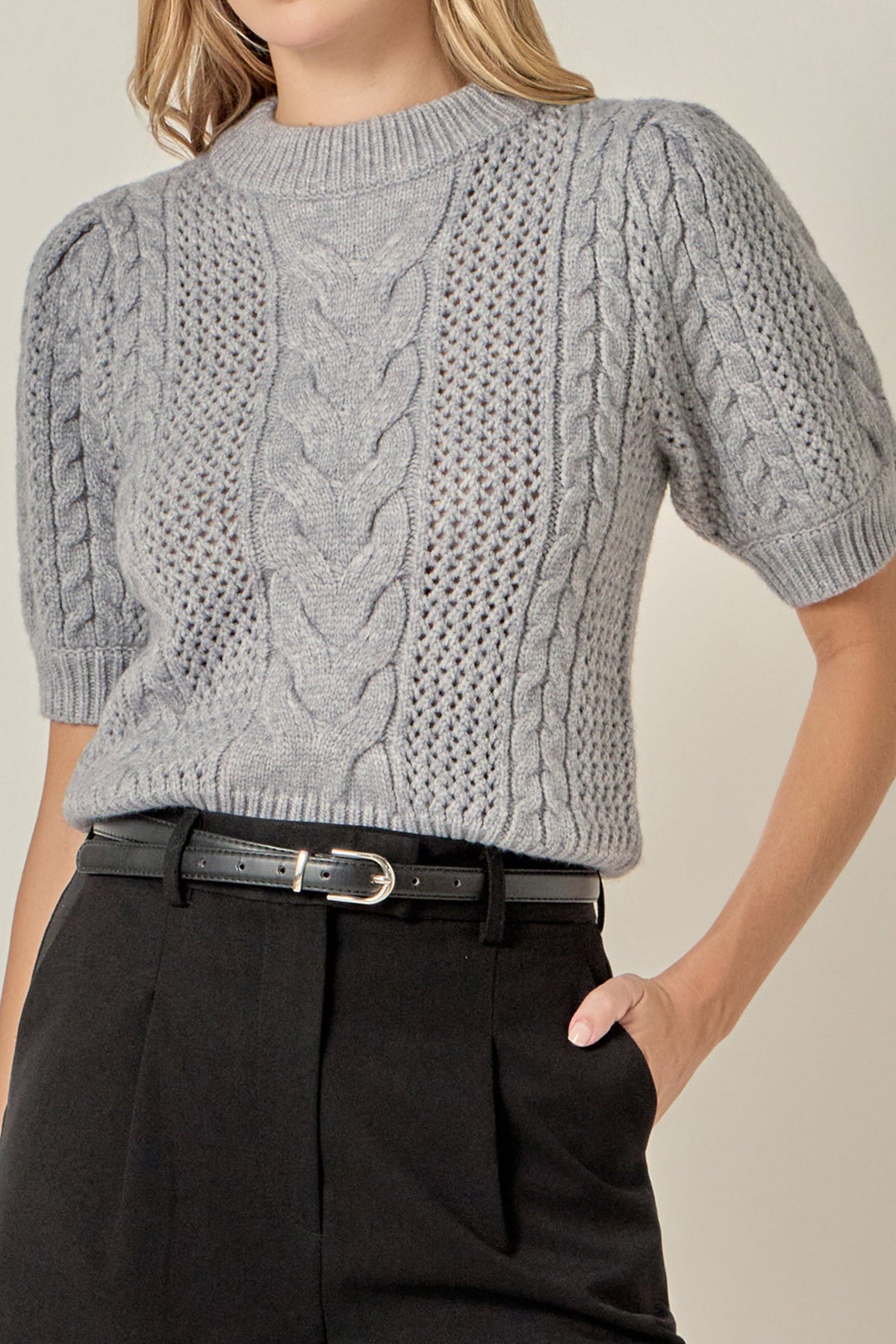 ENGLISH FACTORY - Puff Sleeve Cable Sweater Top - TOPS available at Objectrare