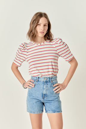 ENGLISH FACTORY - Stripe Knit Puff Sleeve Shirt - TOPS available at Objectrare