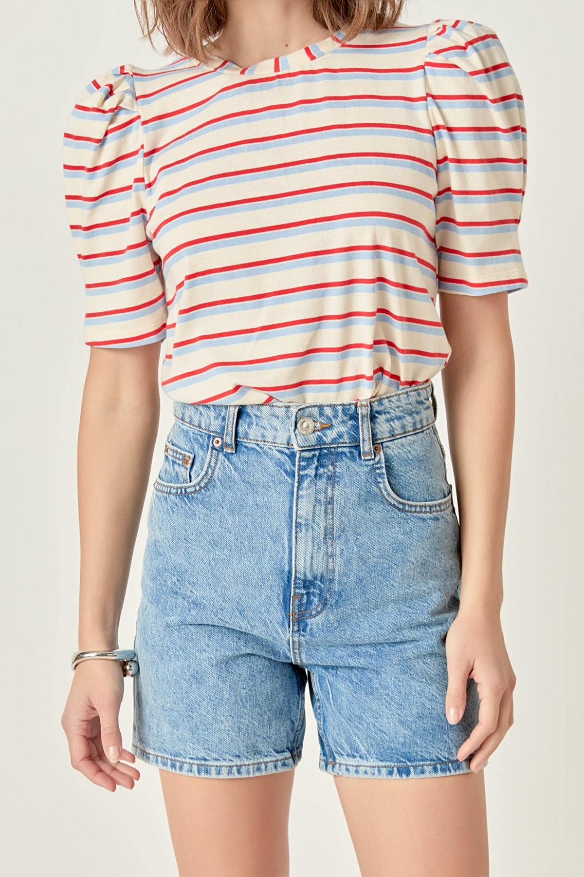 ENGLISH FACTORY - Stripe Knit Puff Sleeve Shirt - TOPS available at Objectrare