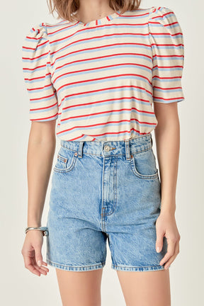 ENGLISH FACTORY - Stripe Knit Puff Sleeve Shirt - TOPS available at Objectrare