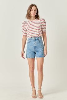 ENGLISH FACTORY - Stripe Knit Puff Sleeve Shirt - TOPS available at Objectrare