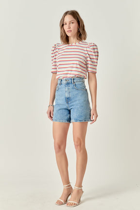 ENGLISH FACTORY - Stripe Knit Puff Sleeve Shirt - TOPS available at Objectrare