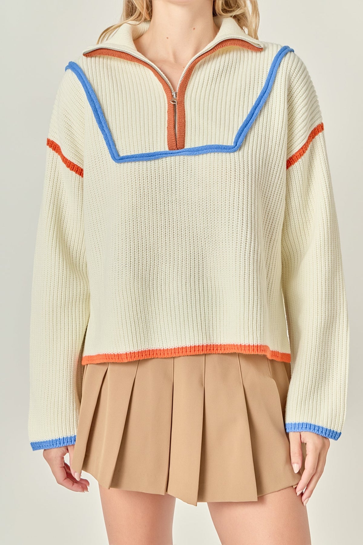 Contrast Piping Quarter Zip Sweater