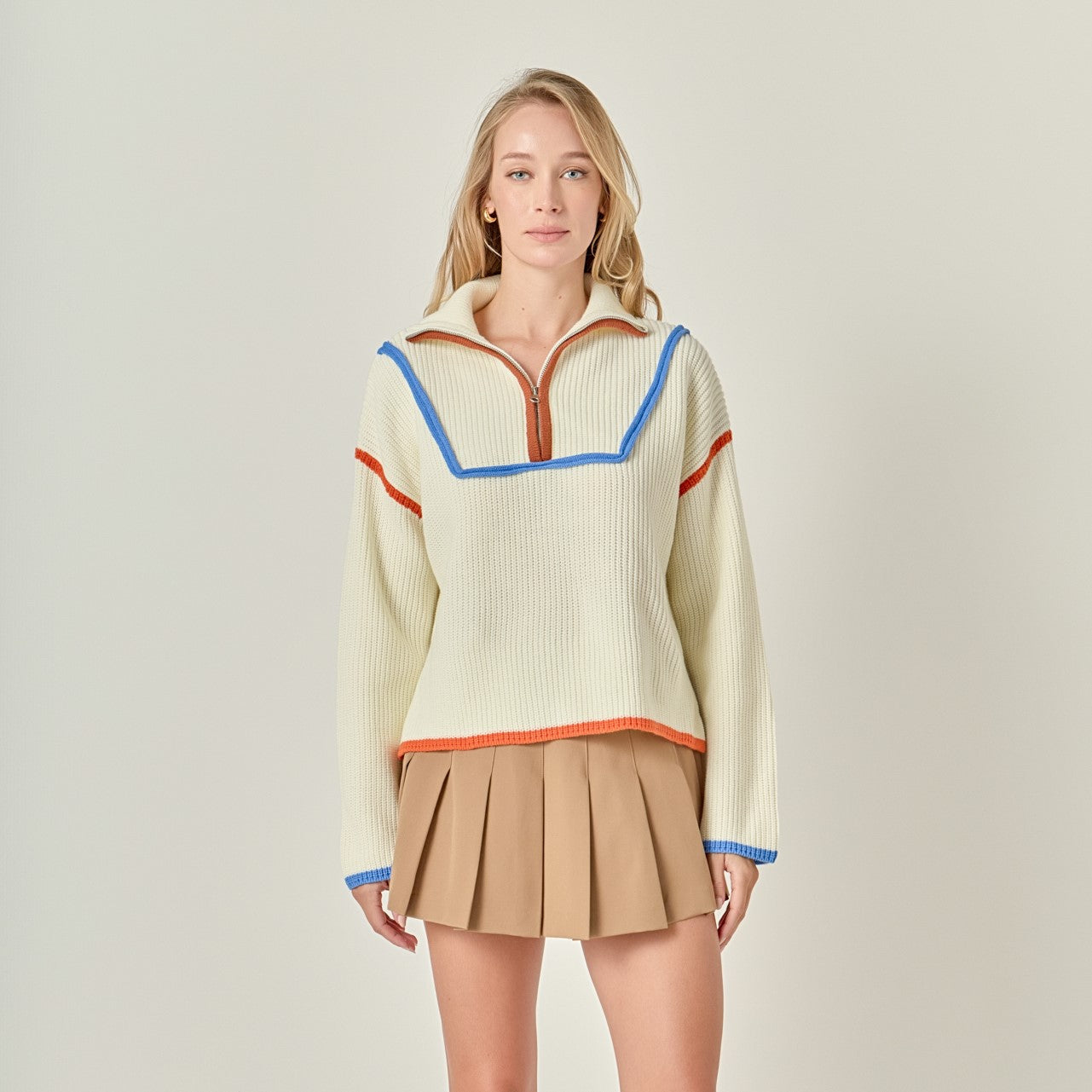 ENGLISH FACTORY - Contrast Piping Quarter Zip Sweater - SWEATERS & KNITS available at Objectrare