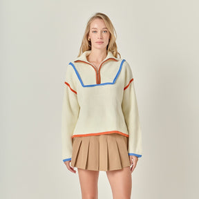 ENGLISH FACTORY - Contrast Piping Quarter Zip Sweater - SWEATERS & KNITS available at Objectrare