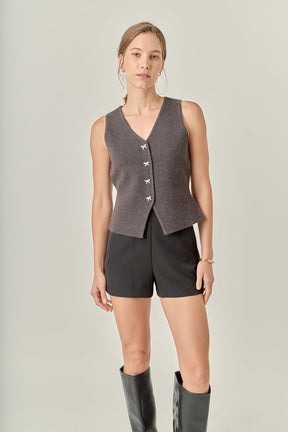 ENGLISH FACTORY - Rhinestone Bow Button Knit Vest - TOPS available at Objectrare