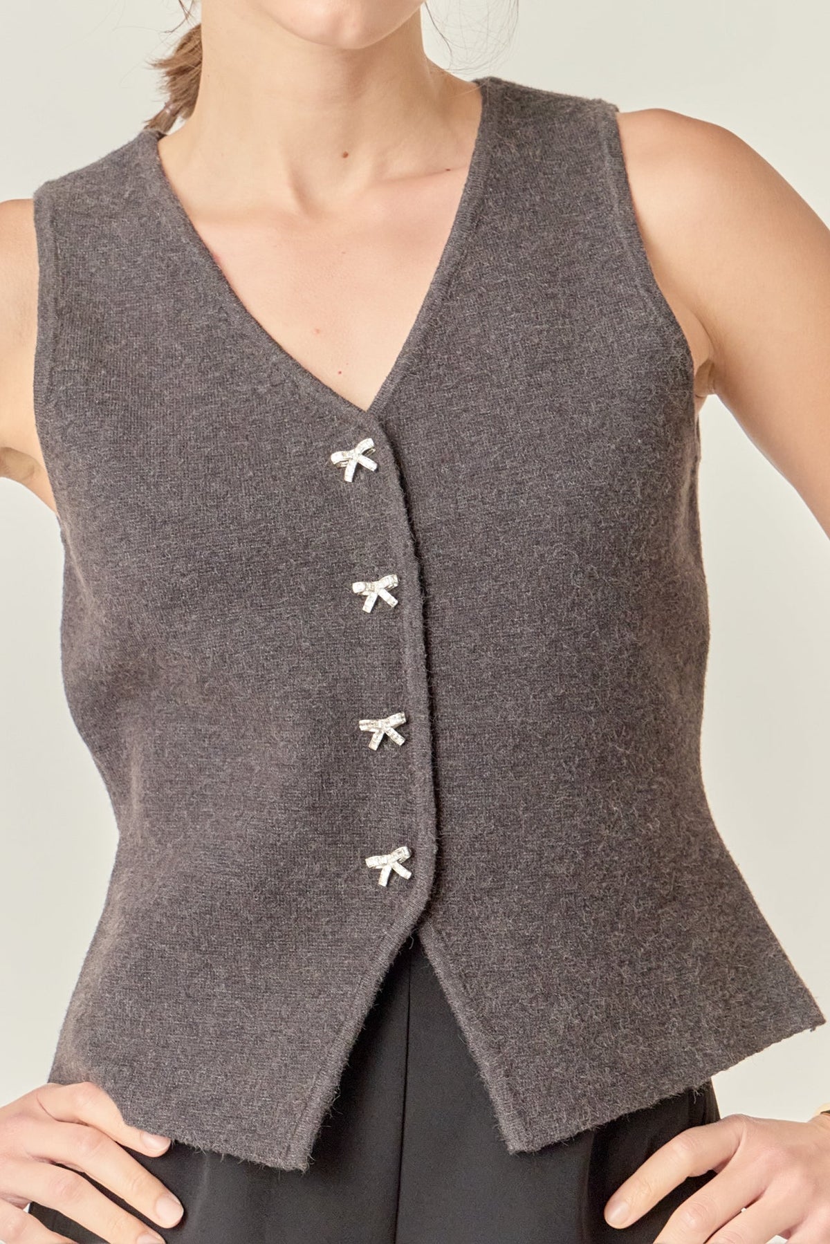 ENGLISH FACTORY - Rhinestone Bow Button Knit Vest - TOPS available at Objectrare