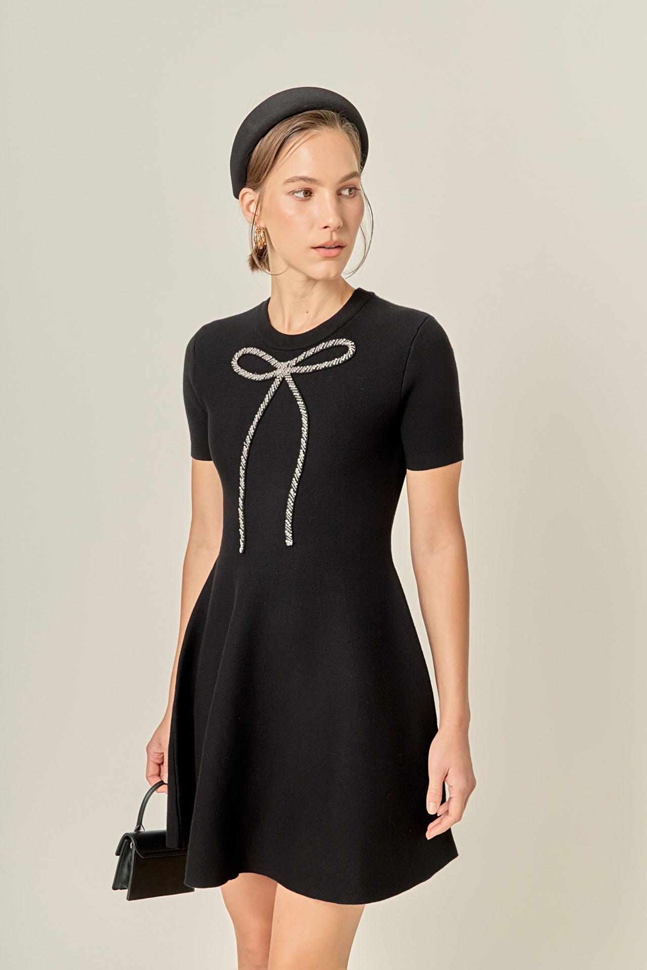 ENGLISH FACTORY - Rhinestone Bow Knit Dress - DRESSES available at Objectrare