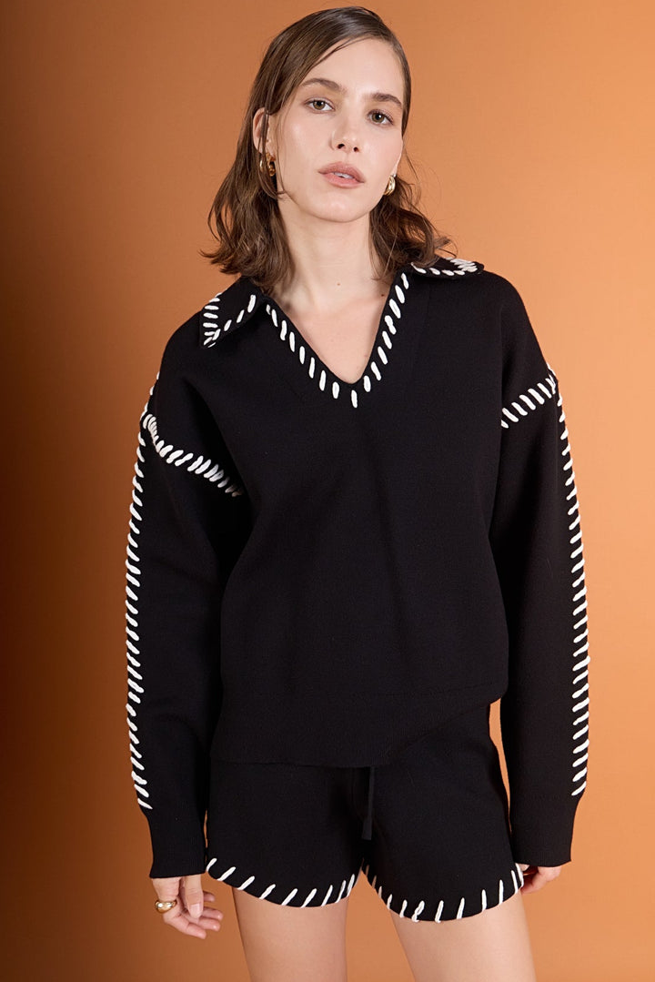 ENGLISH FACTORY - Stitch Detail Knit Collar Top - TOPS available at Objectrare