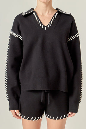 ENGLISH FACTORY - Stitch Detail Knit Collar Top - TOPS available at Objectrare