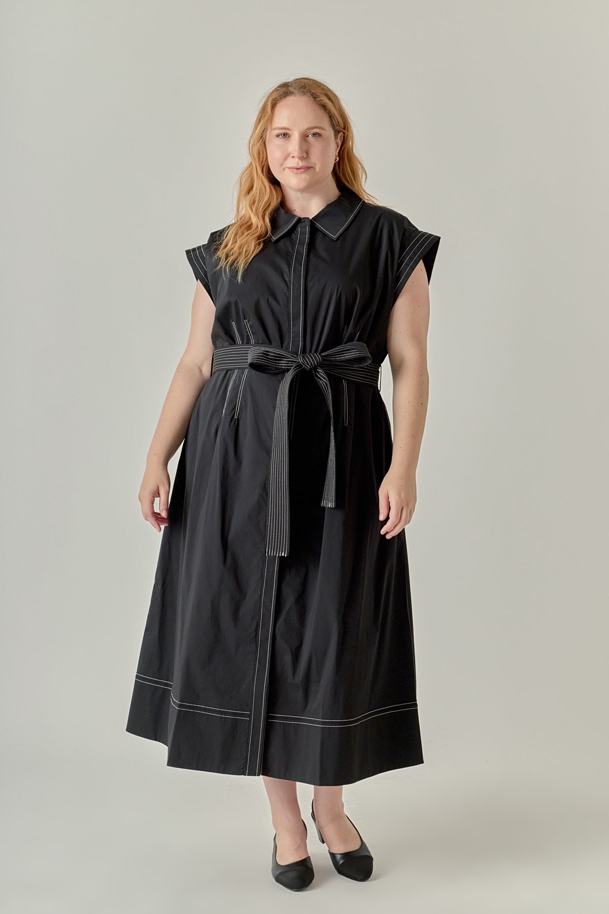 Plus Size Contrast Stitch Shirt Midi Dress