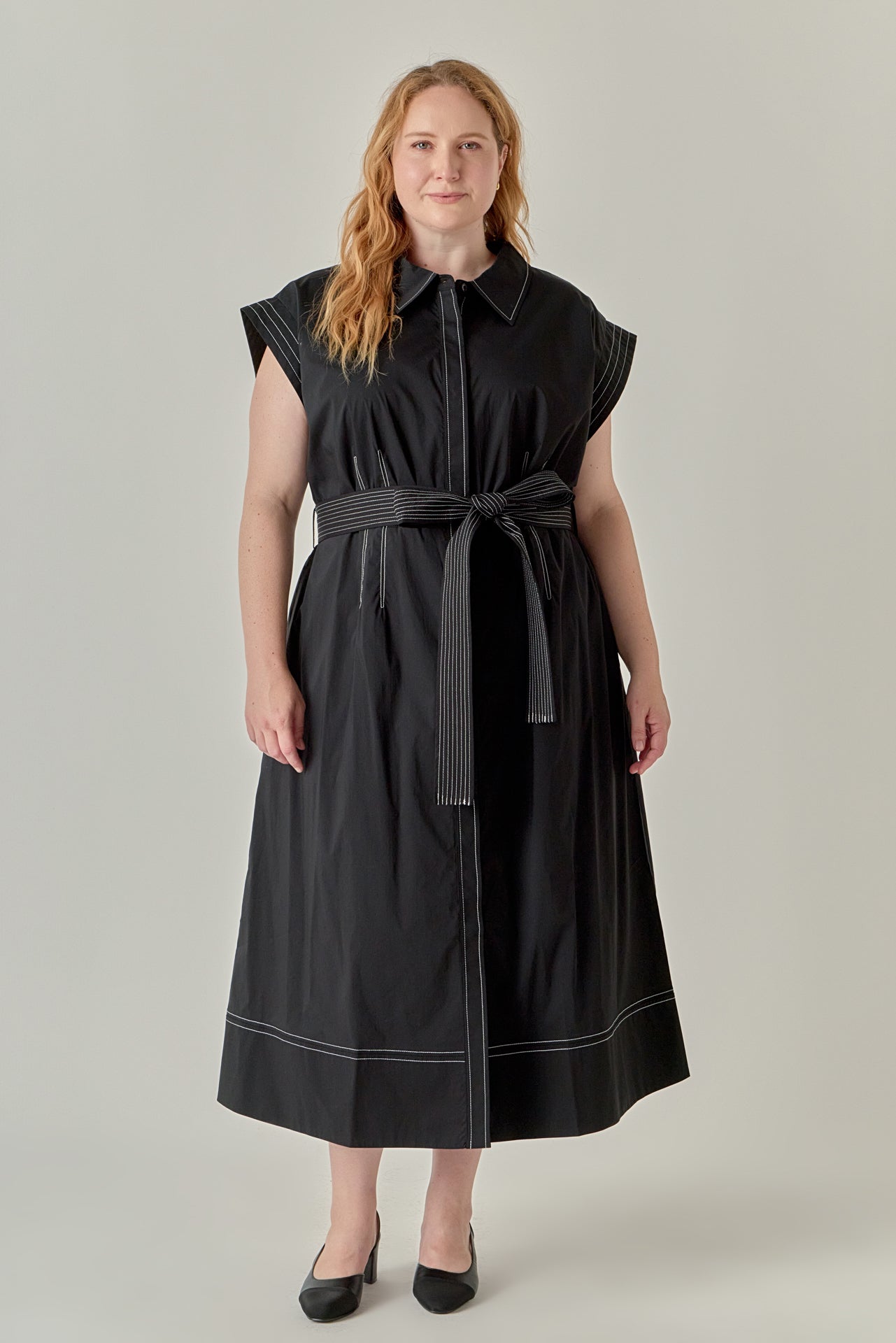 Plus Size Contrast Stitch Shirt Midi Dress