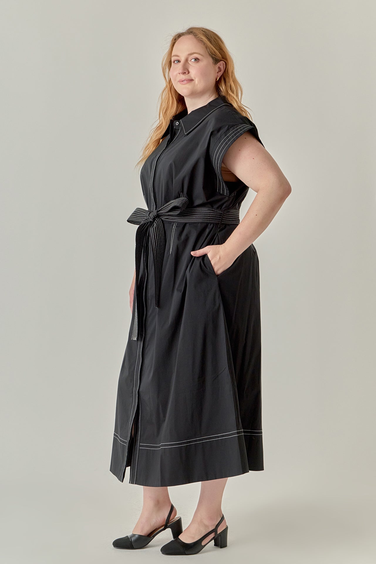Plus Size Contrast Stitch Shirt Midi Dress