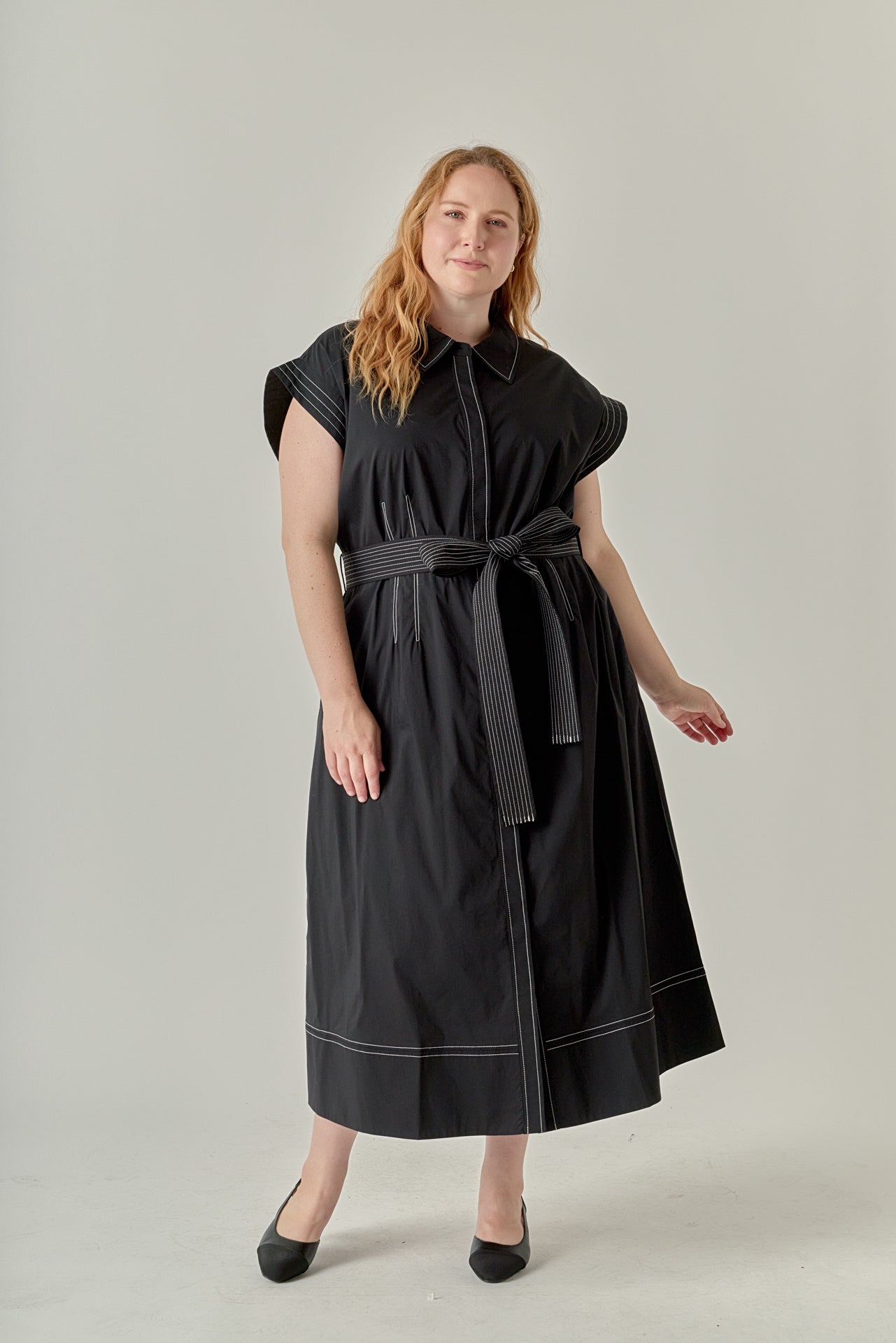 Plus Size Contrast Stitch Shirt Midi Dress