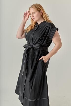 Plus Size Contrast Stitch Shirt Midi Dress