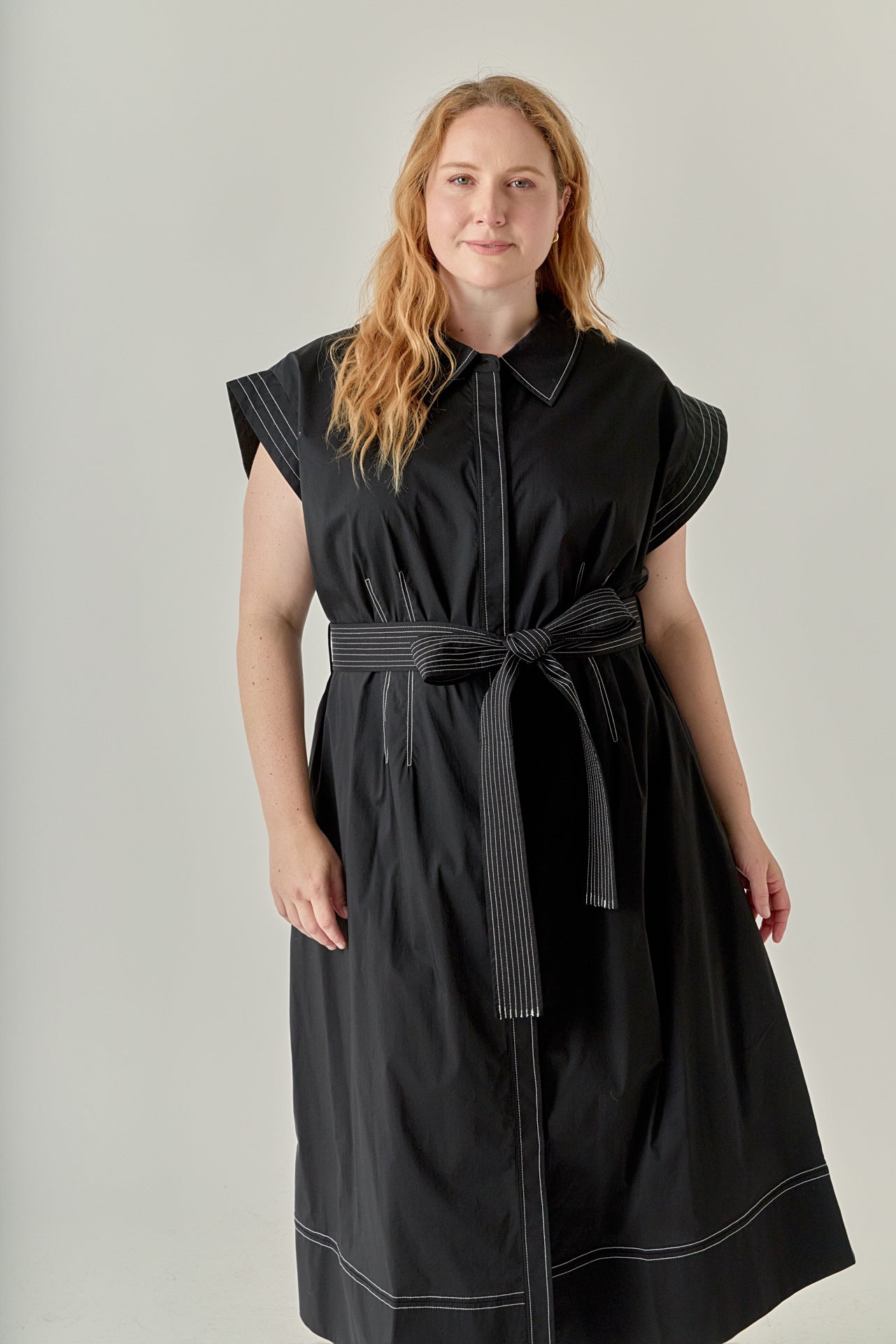 Plus Size Contrast Stitch Shirt Midi Dress