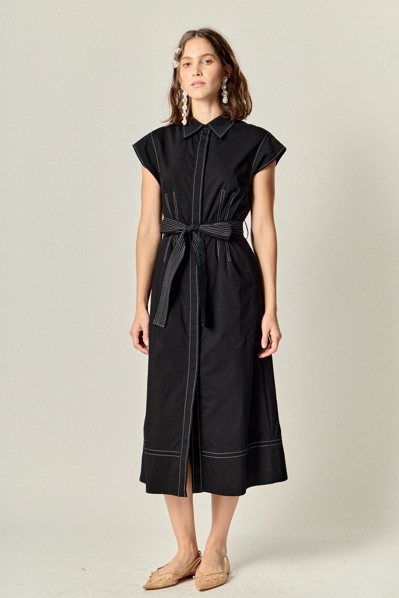 ENGLISH FACTORY - Contrast Stitch Poplin Shirt Midi Dress - DRESSES available at Objectrare